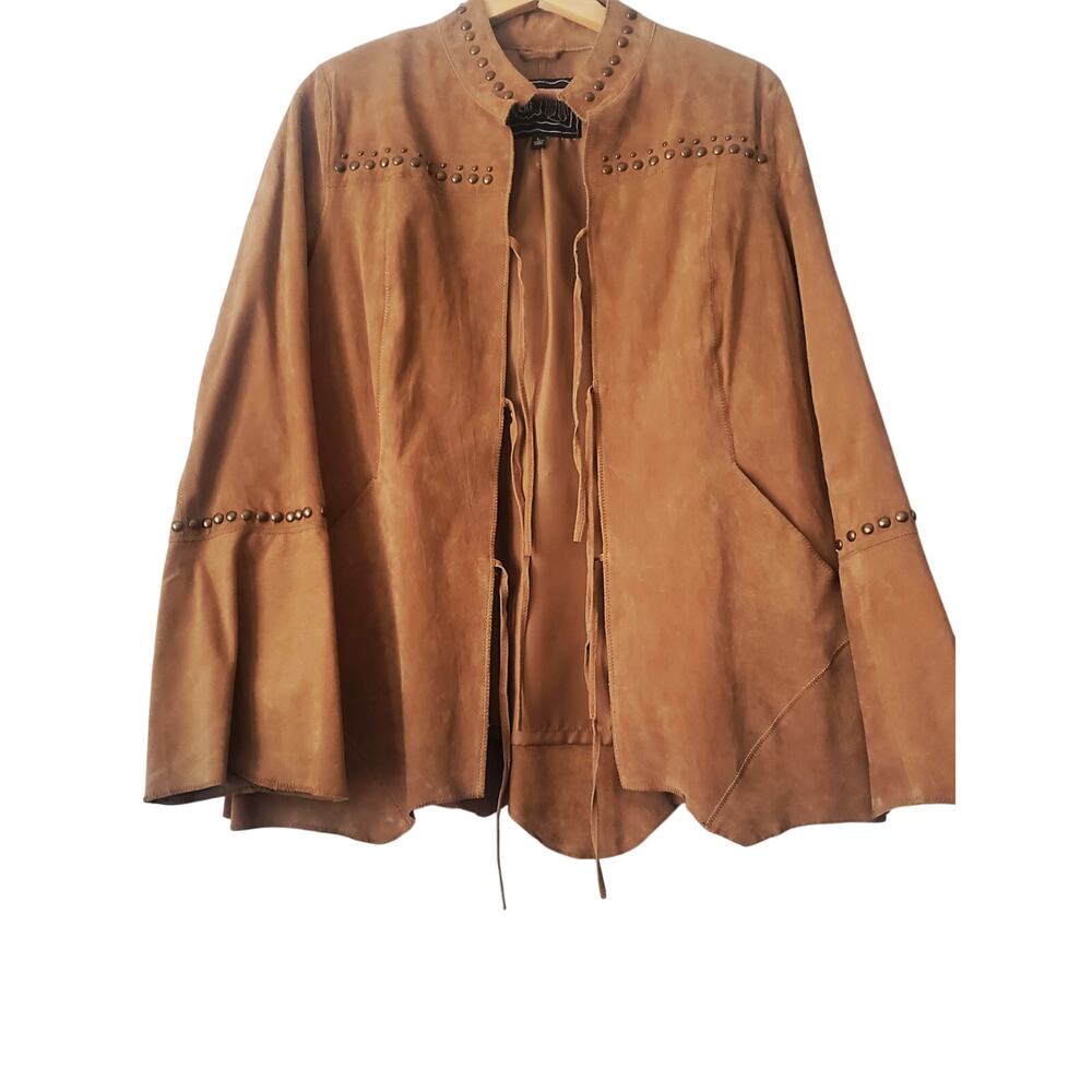 Chi by Falchi Boho Studded Tie Front Leather Jacket Brown Size Large - Picture 4 of 10